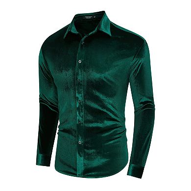 Men's Velvet Shirts Floral Printed Rose Shirts Long Sleeve Button Down Dress Wedding Party Shirts