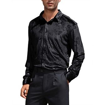 Men's Velvet Shirts Floral Printed Rose Shirts Long Sleeve Button Down Dress Wedding Party Shirts