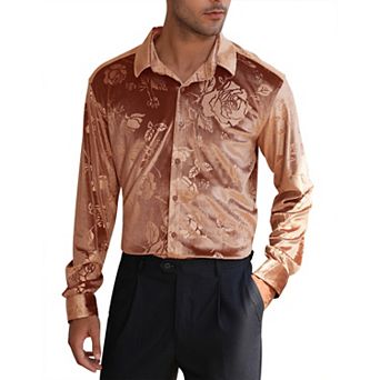 Men's Velvet Shirts Floral Printed Rose Shirts Long Sleeve Button Down Dress Wedding Party Shirts