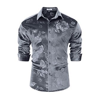 Men's Velvet Shirts Floral Printed Rose Shirts Long Sleeve Button Down Dress Wedding Party Shirts