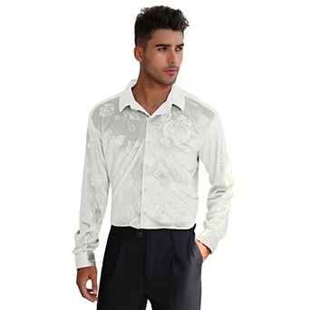 Men's Velvet Shirts Floral Printed Rose Shirts Long Sleeve Button Down Dress Wedding Party Shirts