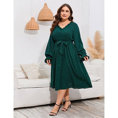 Womens Plus Size Long Sleeve Swiss Dot Boho Dress Empire Waist Ruffle Flowy A Line Midi Dress
