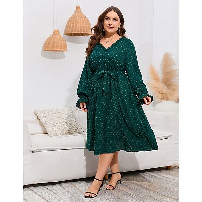 Womens Plus Size Long Sleeve Swiss Dot Boho Dress Empire
