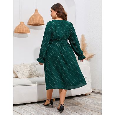 Womens Plus Size Long Sleeve Swiss Dot Boho Dress Empire Waist Ruffle Flowy A Line Midi Dress