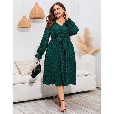 Womens Plus Size Long Sleeve Swiss Dot Boho Dress Empire Waist Ruffle Flowy A Line Midi Dress