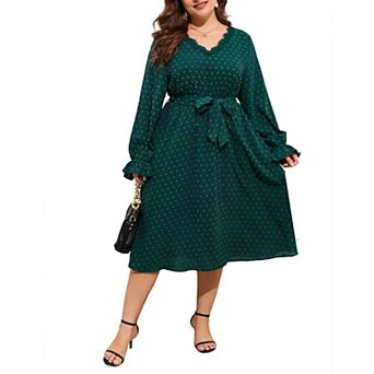 Womens Plus Size Long Sleeve Swiss Dot Boho Dress Empire Waist Ruffle Flowy A Line Midi Dress