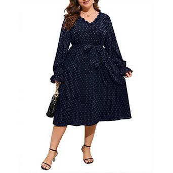 Womens Plus Size Long Sleeve Swiss Dot Boho Dress Empire Waist Ruffle Flowy A Line Midi Dress