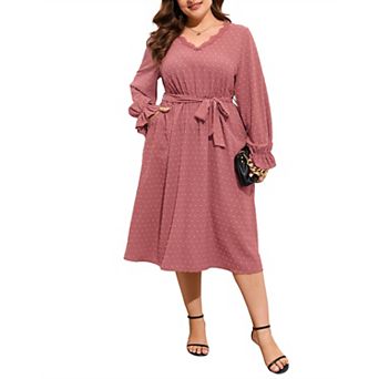 Womens Plus Size Long Sleeve Swiss Dot Boho Dress Empire Waist Ruffle Flowy A Line Midi Dress