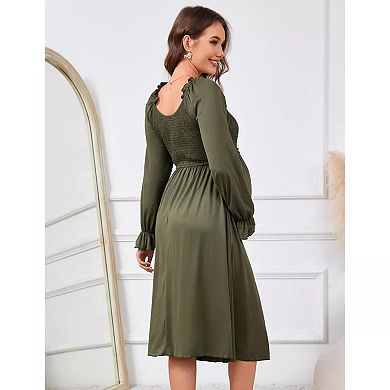 Women's V Neck Maternity Dress Long Sleeve Smocked Chest Midi Dress