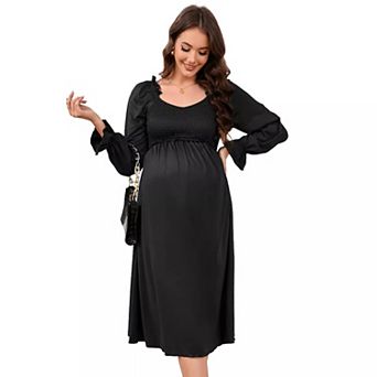 Women's V Neck Maternity Dress Long Sleeve Smocked Chest Midi Dress