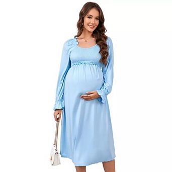 Women's V Neck Maternity Dress Long Sleeve Smocked Chest Midi Dress