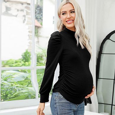 Women's Knit Maternity Sweaters Mock Neck Long Sleeve Blouses Pregnant Ruched Tunic Pullover Tops