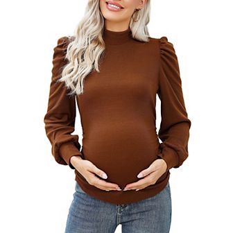 Women's Knit Maternity Sweaters Mock Neck Long Sleeve Blouses Pregnant Ruched Tunic Pullover Tops