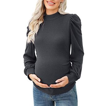Women's Knit Maternity Sweaters Mock Neck Long Sleeve Blouses Pregnant Ruched Tunic Pullover Tops