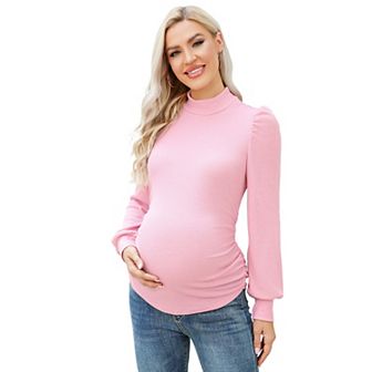 Women's Knit Maternity Sweaters Mock Neck Long Sleeve Blouses Pregnant Ruched Tunic Pullover Tops