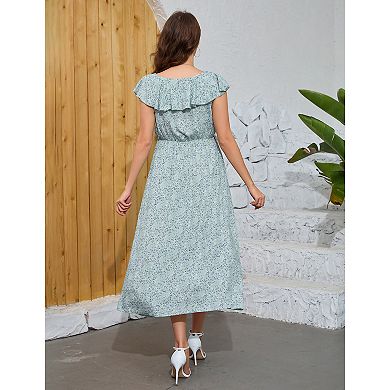 Women Maternity V Neck Sundress Ruffle Cap Sleeveless Maxi Dress