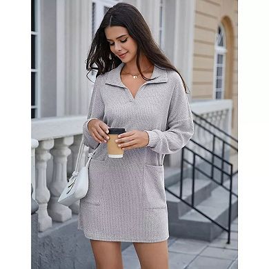Women's Knit Sweater Dresses Lapel Neck Long Sleeves Loose Mini Dresses With Pocket