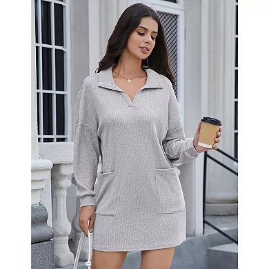 Women's Knit Sweater Dresses Lapel Neck Long Sleeves Loose Mini Dresses With Pocket
