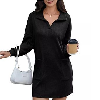 Women's Knit Sweater Dresses Lapel Neck Long Sleeves Loose Mini Dresses With Pocket
