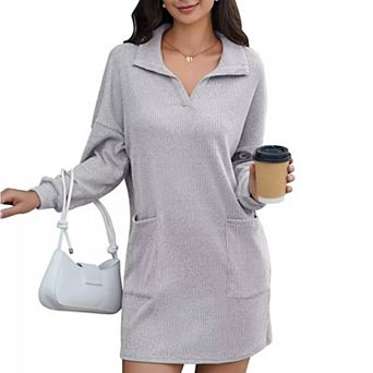 Women's Knit Sweater Dresses Lapel Neck Long Sleeves Loose Mini Dresses With Pocket
