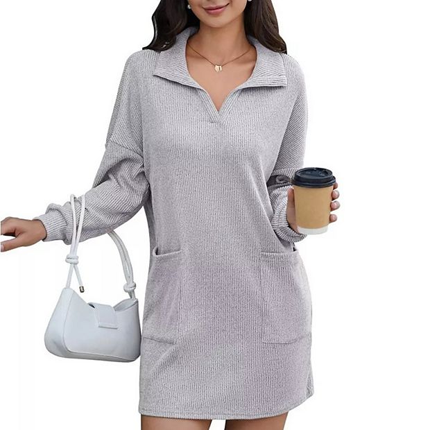 knee length dresses for ladies Pewter Brushed Wool Stripe Circle Collar Mini Dress
