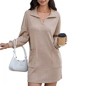 Women's Knit Sweater Dresses Lapel Neck Long Sleeves Loose Mini Dresses With Pocket