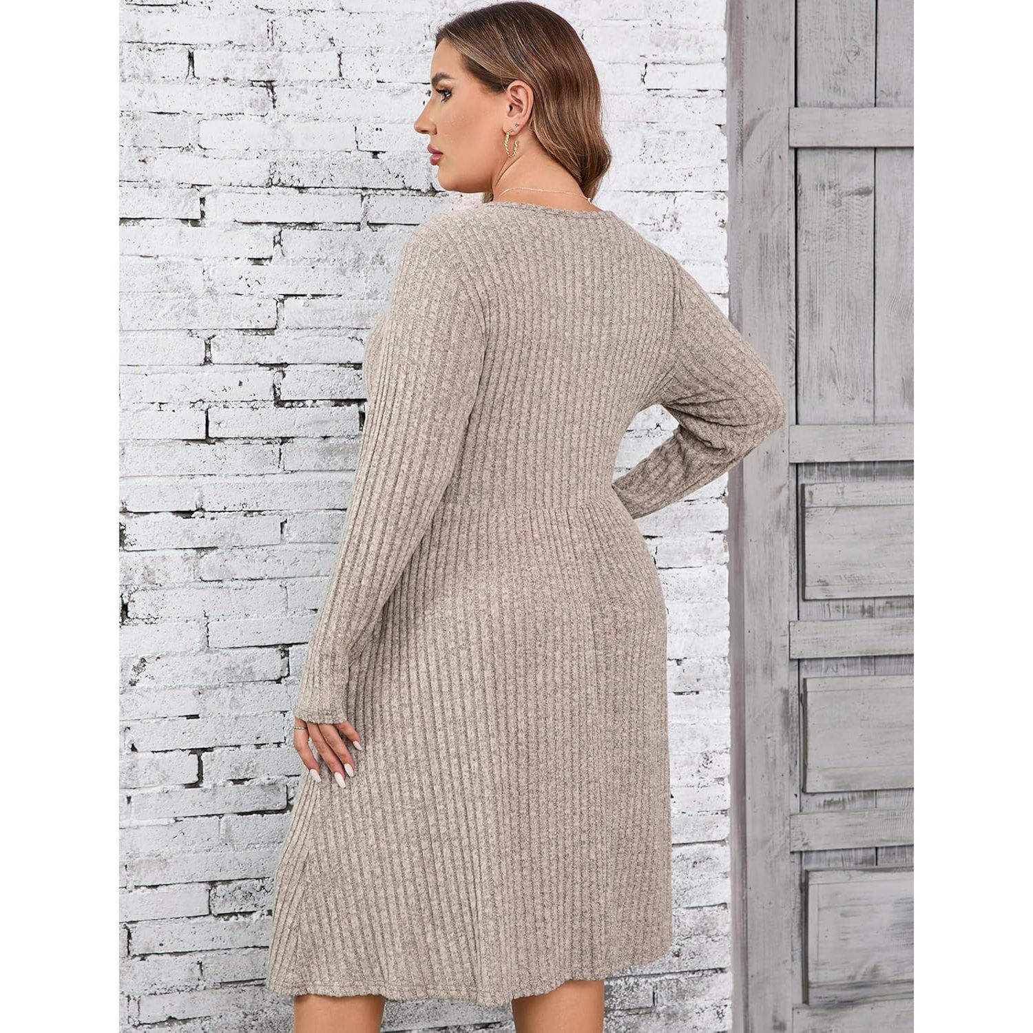 Women's Plus Size V Neck Cable Knit Sweater Dress Long Sleeve Oversized  Casual Pullover Midi Dress