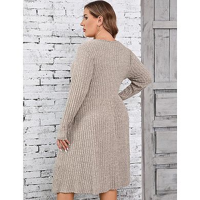 Women's Plus Size V Neck Cable Knit Sweater Dress Long Sleeve Oversized Casual Pullover Midi Dress