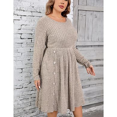 Women's Plus Size V Neck Cable Knit Sweater Dress Long Sleeve Oversized Casual Pullover Midi Dress