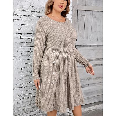 Women's Plus Size V Neck Cable Knit Sweater Dress Long Sleeve
