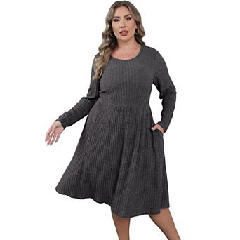 Women's Plus Size V Neck Cable Knit Sweater Dress Long Sleeve Oversized Casual Pullover Midi Dress