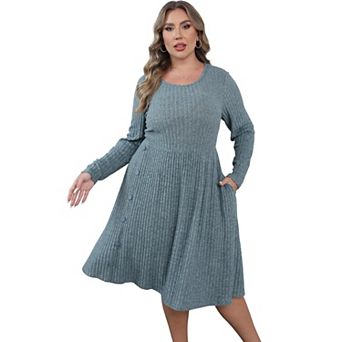 Women's Plus Size V Neck Cable Knit Sweater Dress Long Sleeve Oversized Casual Pullover Midi Dress