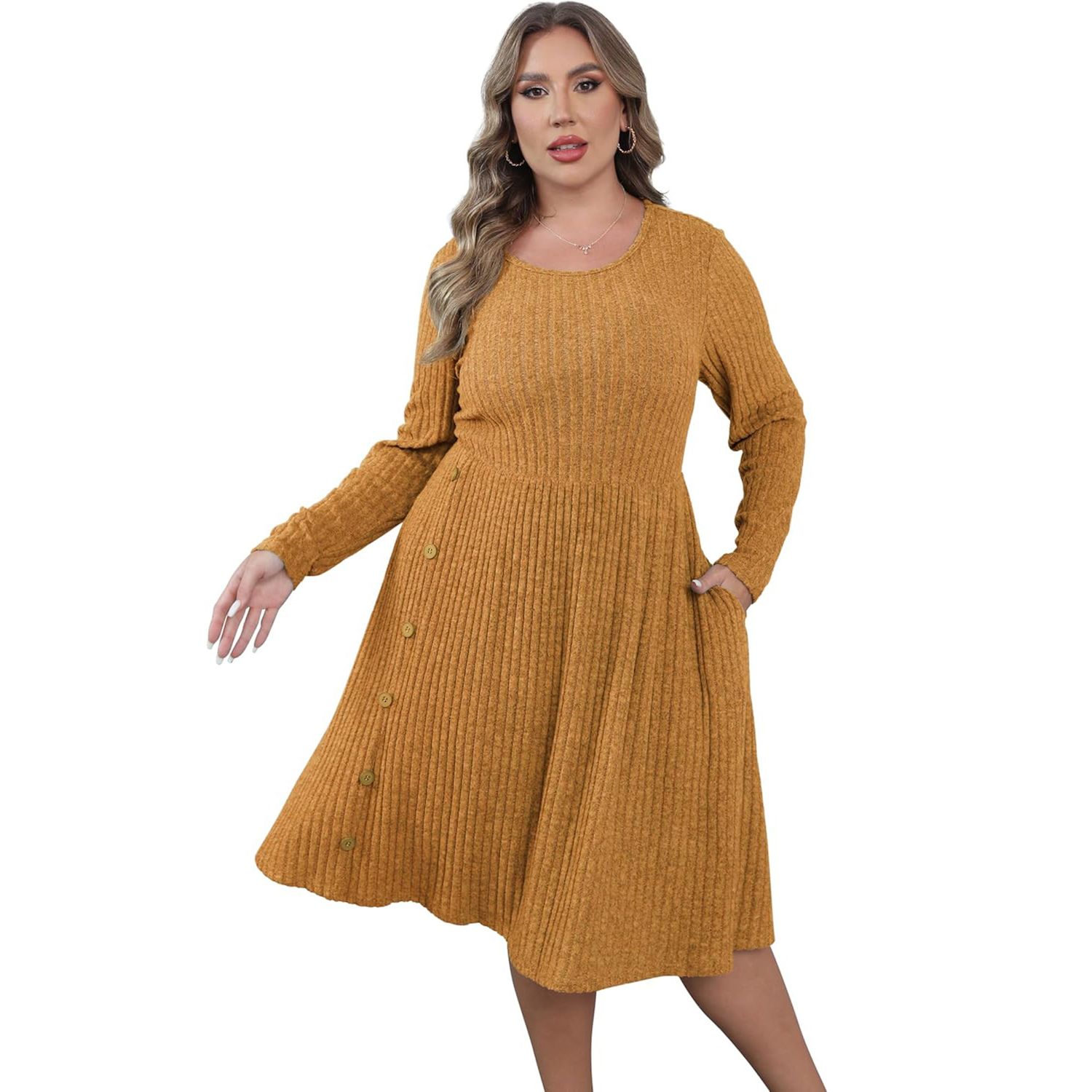 Women's Plus Size V Neck Cable Knit Sweater Dress Long Sleeve Oversized  Casual Pullover Midi Dress