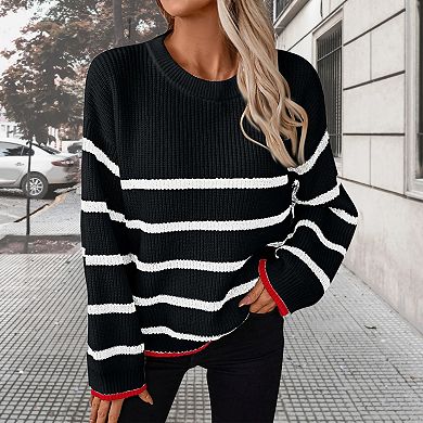 Womens Pullover Sweater Loose Fit Bell Sleeve Slouchy Sweater Ribbed Knit Crew Neck Striped Sweater