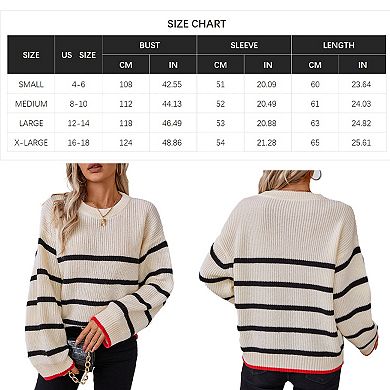 Womens Pullover Sweater Loose Fit Bell Sleeve Slouchy Sweater Ribbed Knit Crew Neck Striped Sweater