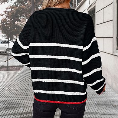 Womens Pullover Sweater Loose Fit Bell Sleeve Slouchy Sweater Ribbed Knit Crew Neck Striped Sweater