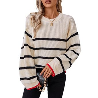 Womens Pullover Sweater Loose Fit Bell Sleeve Slouchy Sweater Ribbed Knit Crew Neck Striped Sweater