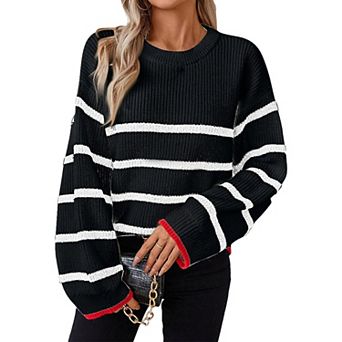 Womens Pullover Sweater Loose Fit Bell Sleeve Slouchy Sweater Ribbed Knit Crew Neck Striped Sweater