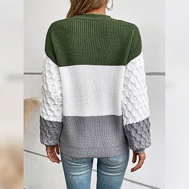 Womens Pullover Sweaters Chunky Crew Neck Sweater Knit Long Sleeve Color Block Cable Knit Sweater