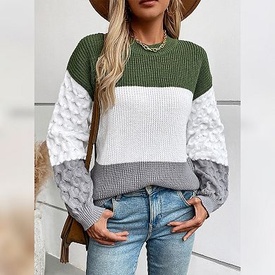 Womens Pullover Sweaters Chunky Crew Neck Sweater Knit Long Sleeve Color Block Cable Knit Sweater