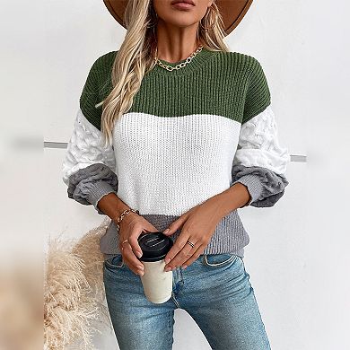 Womens Pullover Sweaters Chunky Crew Neck Sweater Knit Long Sleeve Color Block Cable Knit Sweater