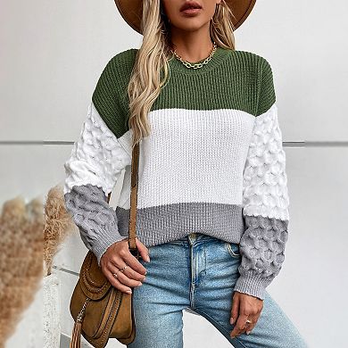 Womens Pullover Sweaters Chunky Crew Neck Sweater Knit Long Sleeve Color Block Cable Knit Sweater