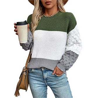 Womens Pullover Sweaters Chunky Crew Neck Sweater Knit Long Sleeve Color Block Cable Knit Sweater