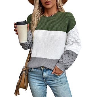 Womens Pullover Sweaters Chunky Crew Neck Sweater Knit Long Sleeve Color Block Cable Knit Sweater
