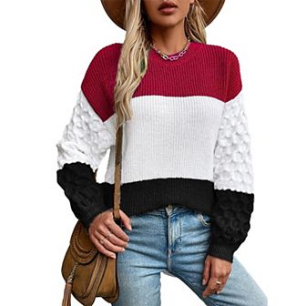 Womens Pullover Sweaters Chunky Crew Neck Sweater Knit Long Sleeve Color Block Cable Knit Sweater