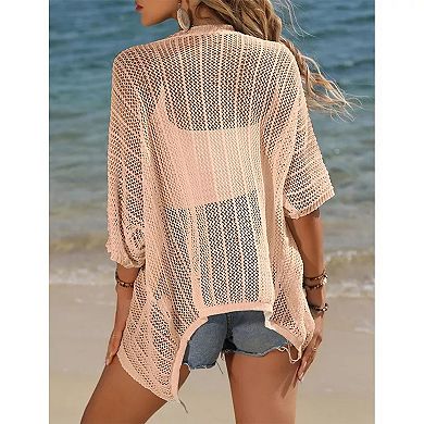 Women Crochet Cardigan Lightweight Thin Short Sleeve Casual Open Front Cardigan Cover