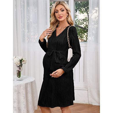 Women Long Sleeve Maternity Nursing Dress V Neck Breastfeeding Ribbed Knit Belt Pregnancy Dresses