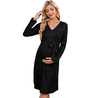 Women Long Sleeve Maternity Nursing Dress V Neck Breastfeeding Ribbed Knit Belt Pregnancy Dresses