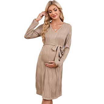 Women Long Sleeve Maternity Nursing Dress V Neck Breastfeeding Ribbed Knit Belt Pregnancy Dresses