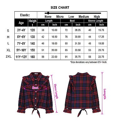 Girls Plaid Button Down Shirt Crop Tops Tie Knot Ruffle Long Sleeve Shirt Blouse 3-12Y